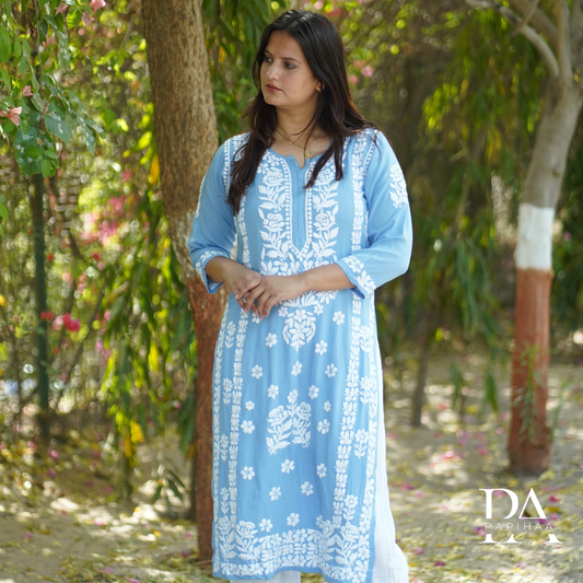 Powder Blue Modal 3D Chikankari Rose Panel Kurti
