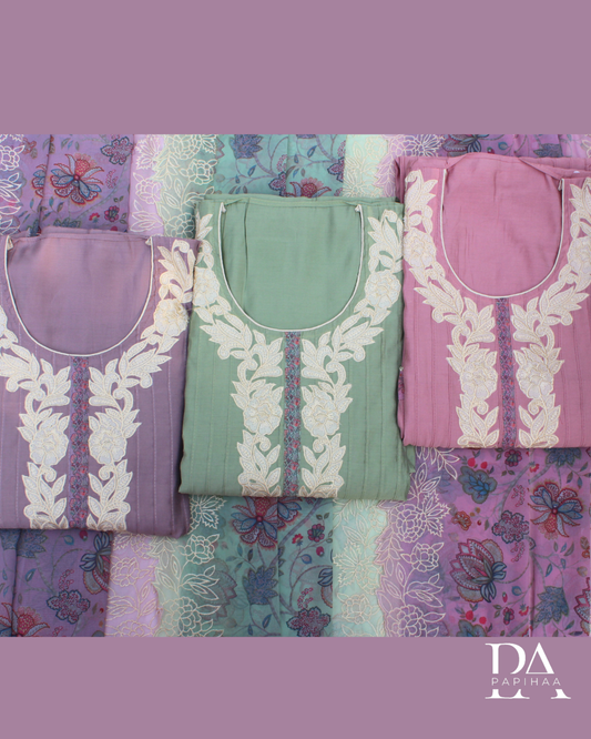 Soft roman silk semi stitched set with applique and pintucks