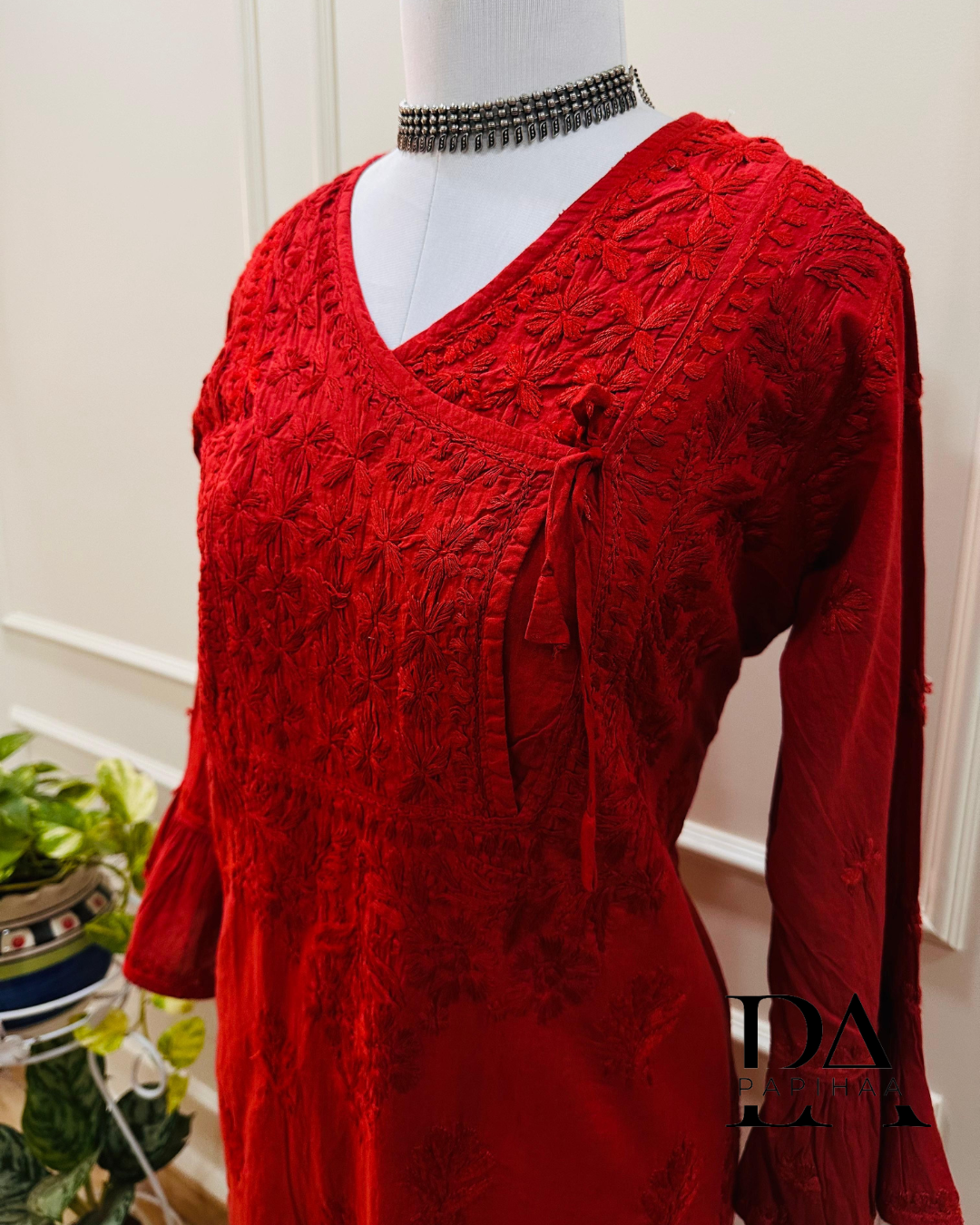 Aryaa Cotton Tone on Tone Deep Red Angarakha Chikankari Kurti