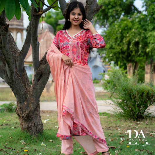 Shadmani Peach Colored Muslin Straight Stitched Suit