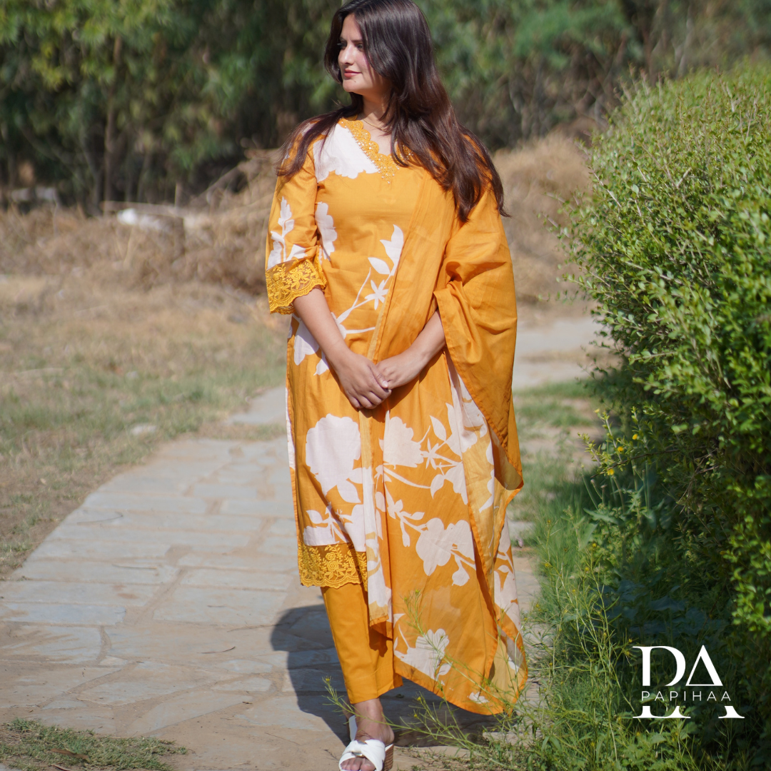 Floral V-Neck Mustard Yellow Colored Cotton Set