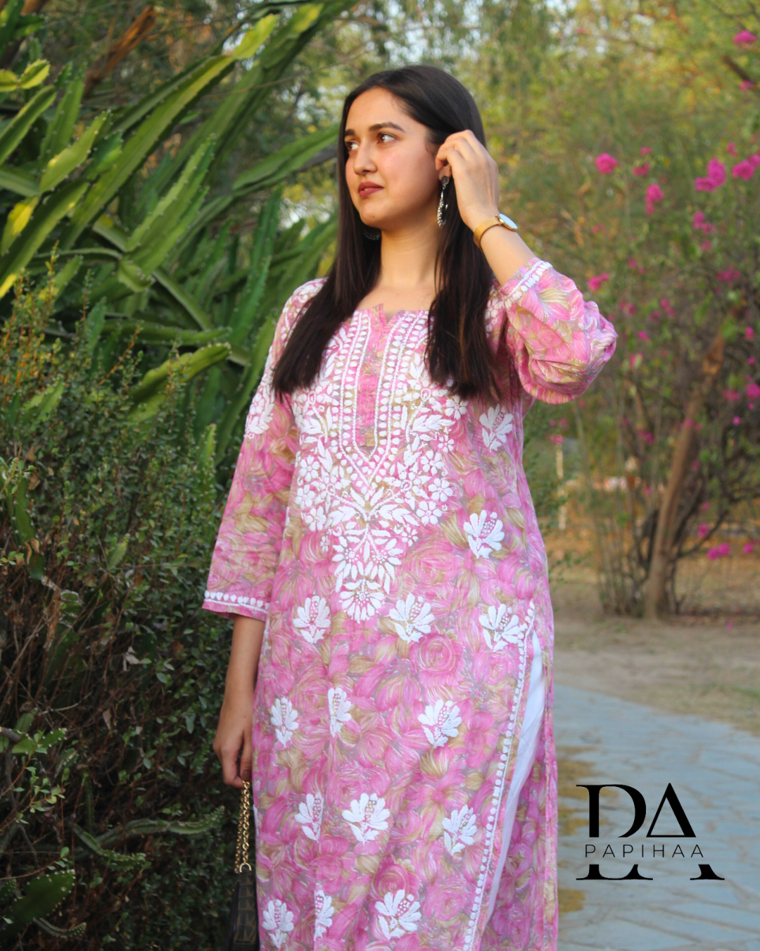 Neeraja Pink floral carnation printed 3d Chikankari Kurti