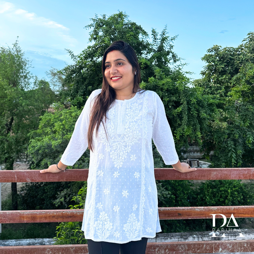 White Dobby Weave Short Chikankari Kurti
