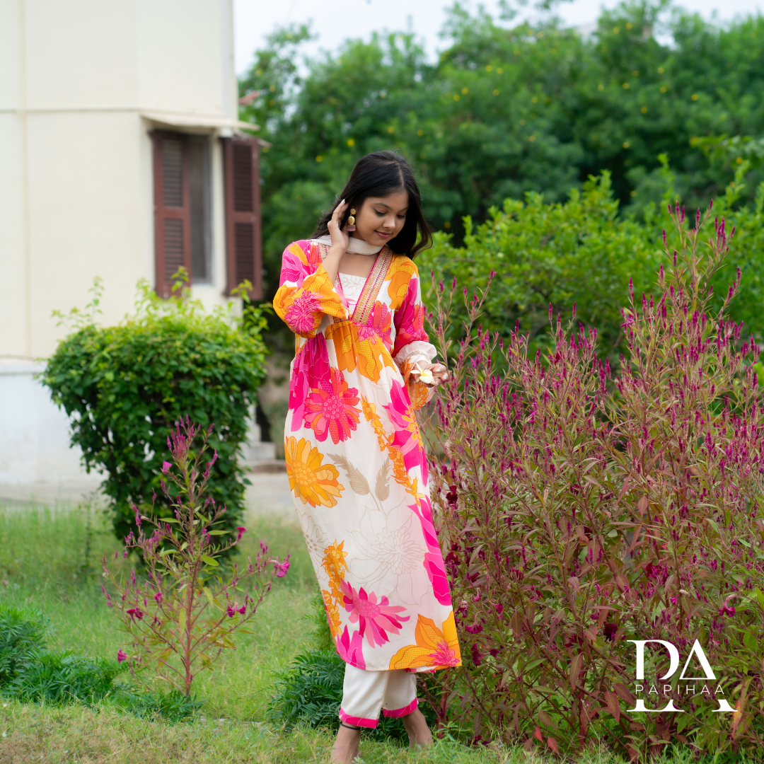 Pink Floral Crepe Printed Anarkali Stitched Suit