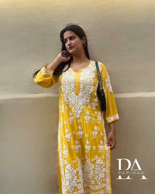 Nitya Sunflower Yellow Lotus Motif 6D Chikankari Kurti