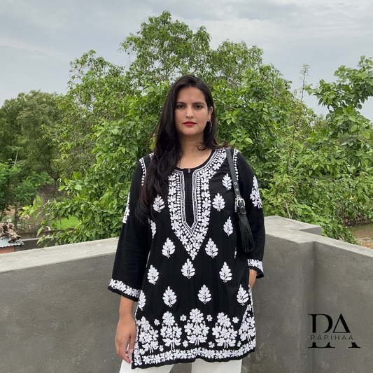 Suramya Black Modal 3d Chikankari Short Kurti