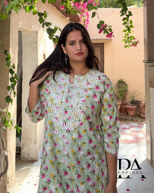 Bougainvillea Pastel Green Premium Mulmul Printed Chikankari Kurti