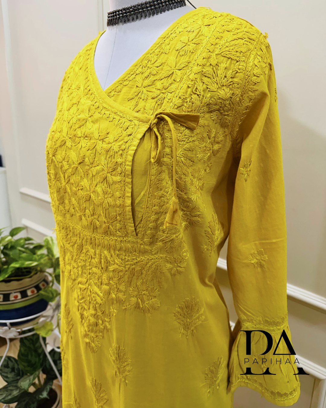 Aryaa Cotton Tone on Tone Olive Yellow Angarakha Chikankari Kurti