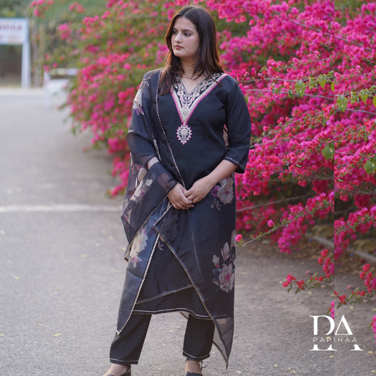 Floral V-Neck Black Muslin Kurta Set