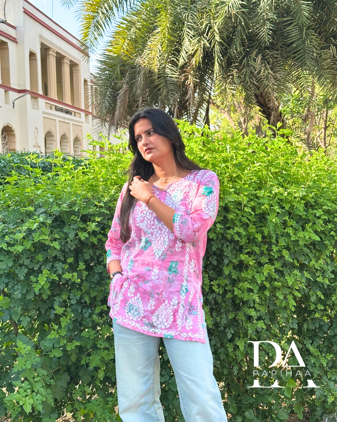 Inara Pink Mulmul Short Chikankari Kurti