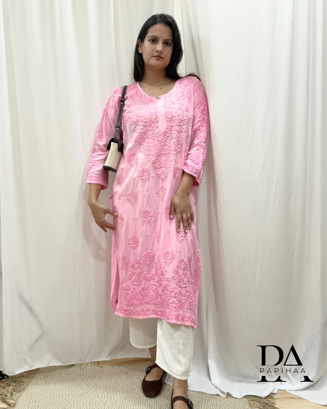 Naaz Tone one Tone Cotton Candy Pink 3d Chikankari Kurti