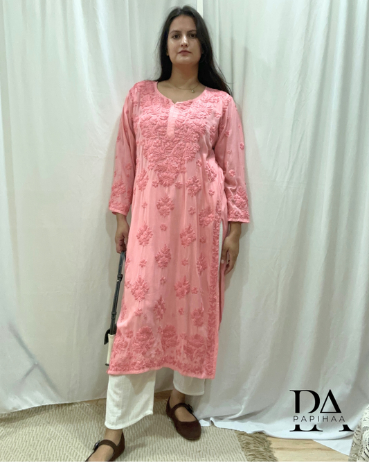 Naaz Tone one Tone Coral Pink 3d Chikankari Kurti