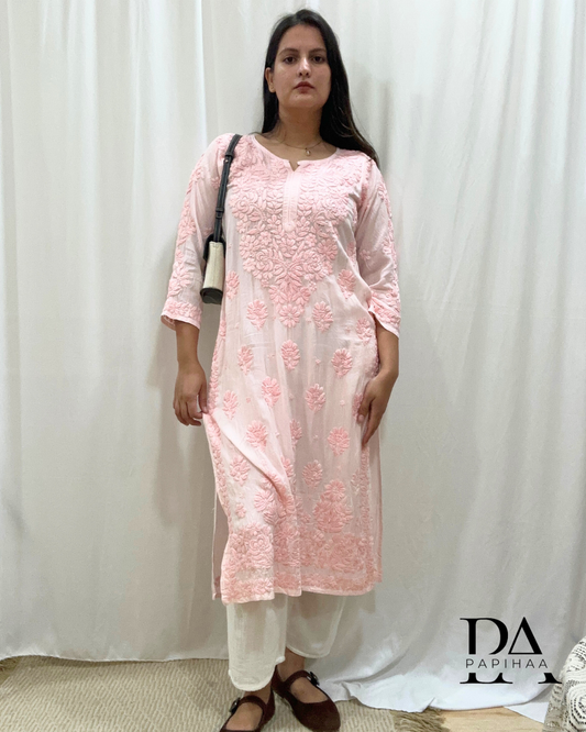 Naaz Tone one Tone Pale Pink 3d Chikankari Kurti