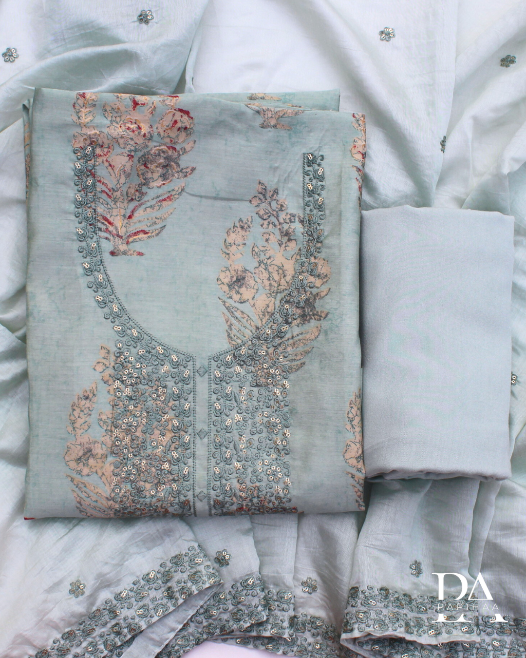 Leher Threadwork and Sequins sage green modal Ready to Stitch set