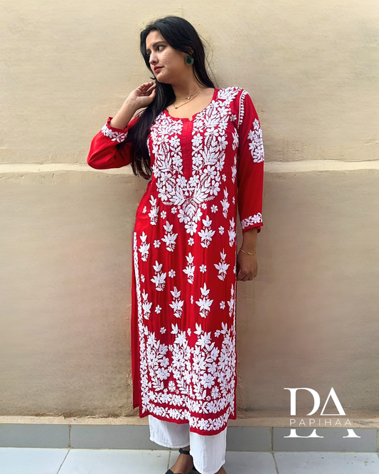Nitya Deep Red Lotus Motif 6D Chikankari Kurti