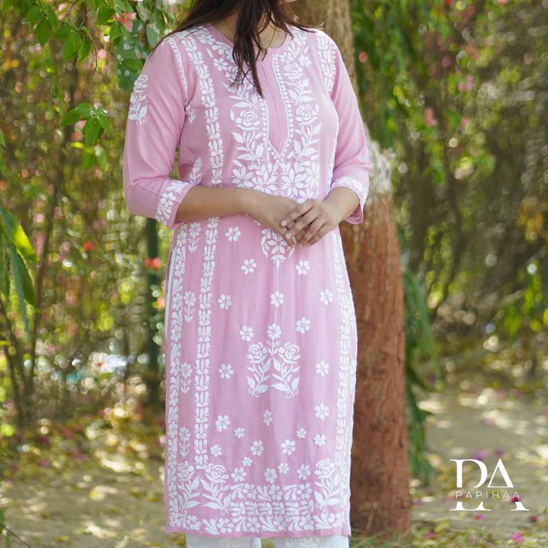 BubbleGum Pink Modal 3D Chikankari Rose Panel Kurti