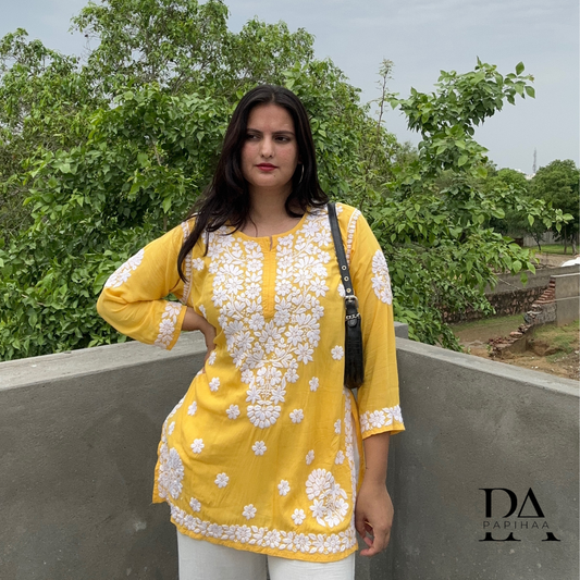 Suramya Yellow Modal 3d Chikankari Short Kurti