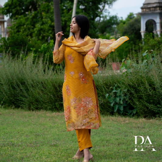 Mustard Yellow Soft Organza Straight Stitched Suit