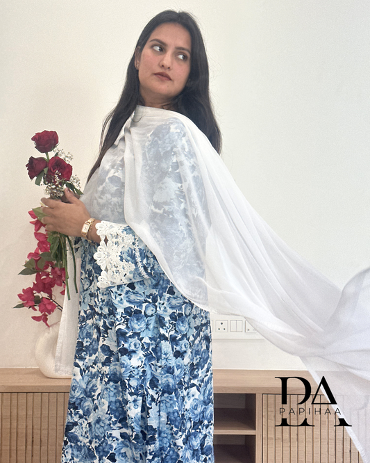 Phool Indigo Floral Lace detail Kurta Set