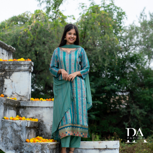 Sea Green Silky Straight Stitched Suit