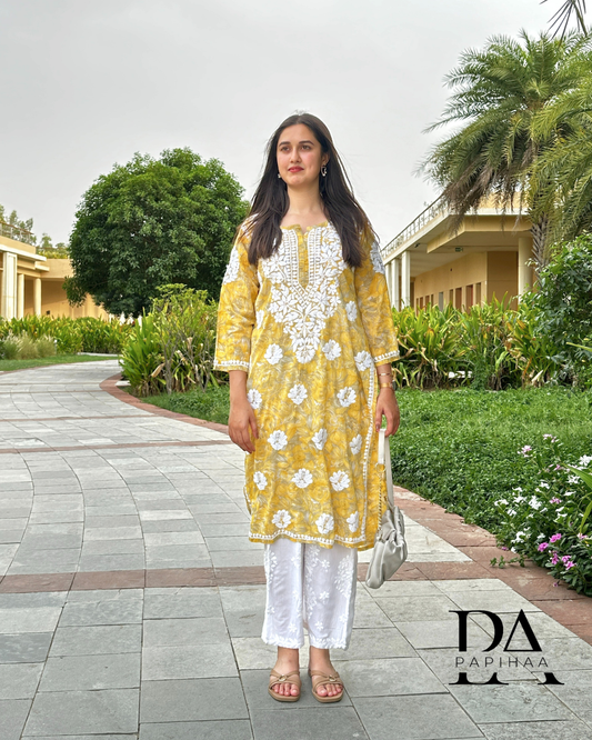 Neeraja Yellow floral carnation printed 3d Chikankari Kurti