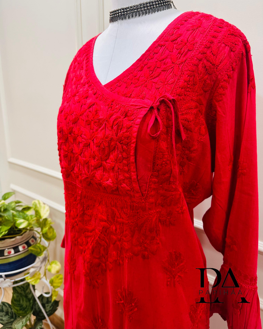 Aryaa Cotton Tone on Tone Tomato Red Angarakha Chikankari Kurti