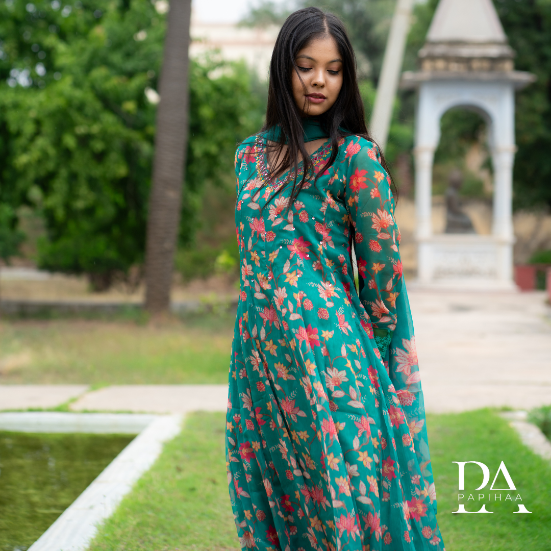 Shadmani Green Chiffon Floral Anarkali Suit