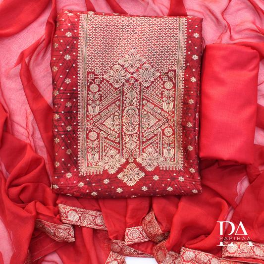 Maroon Foil and Jacquard work Modal Unstitched Suit