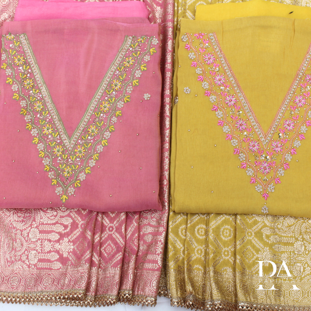 V Neck Shimmer Dola Unstitched Set