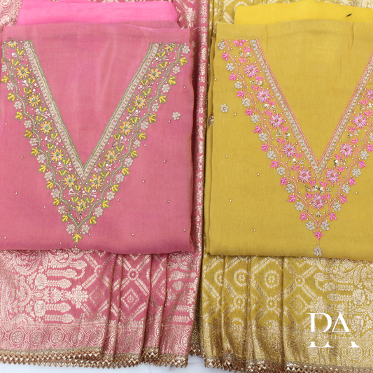 V Neck Shimmer Dola Unstitched Set