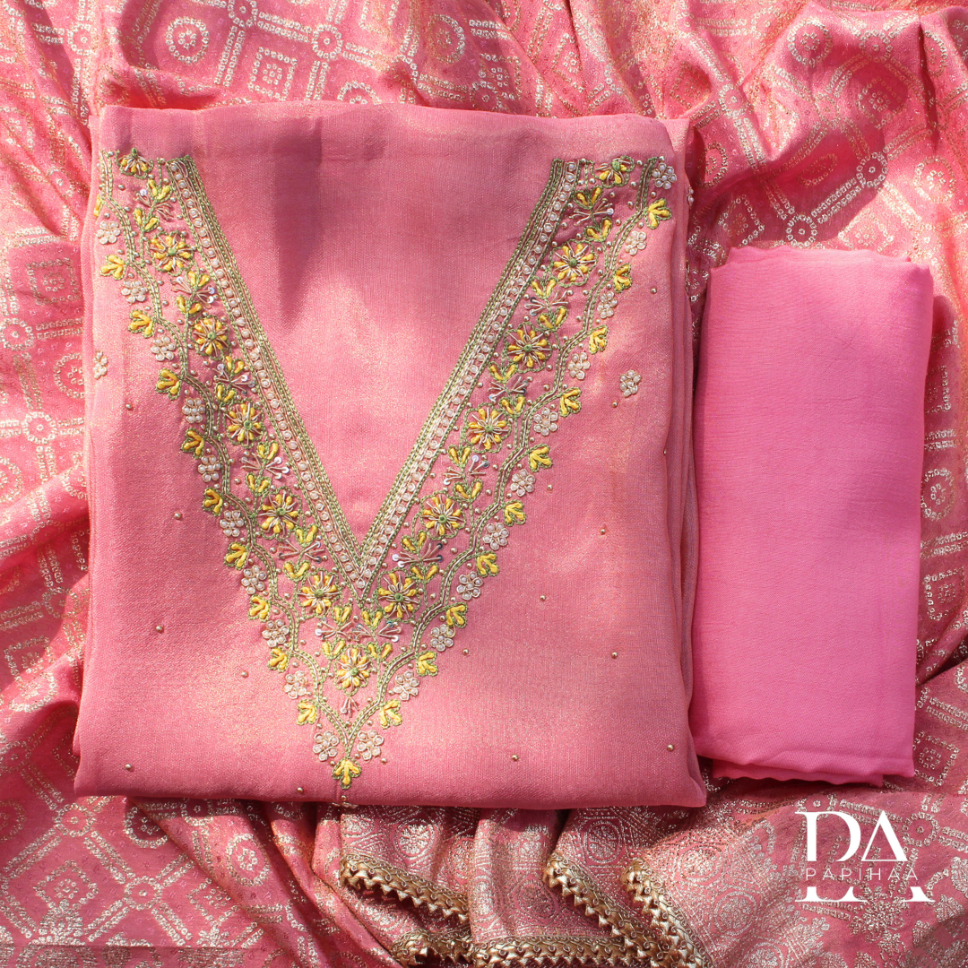 V Neck Shimmer Dola Unstitched Set