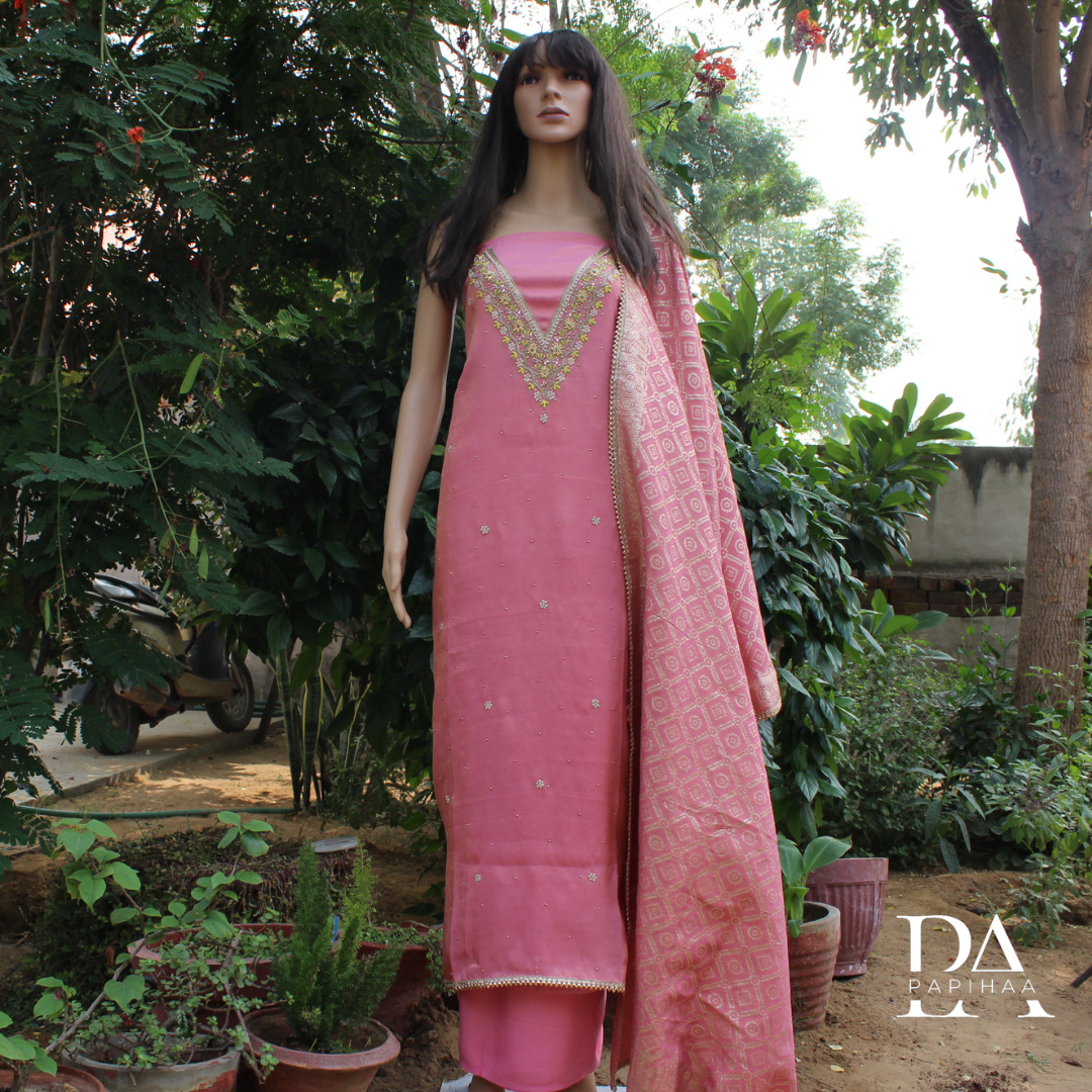 V Neck Shimmer Dola Unstitched Set