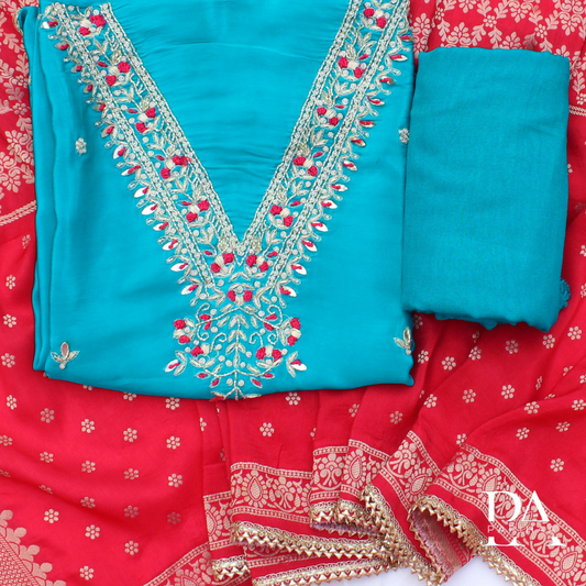 Beadwork V neck Turquoise Coloured Crepe Unstitched