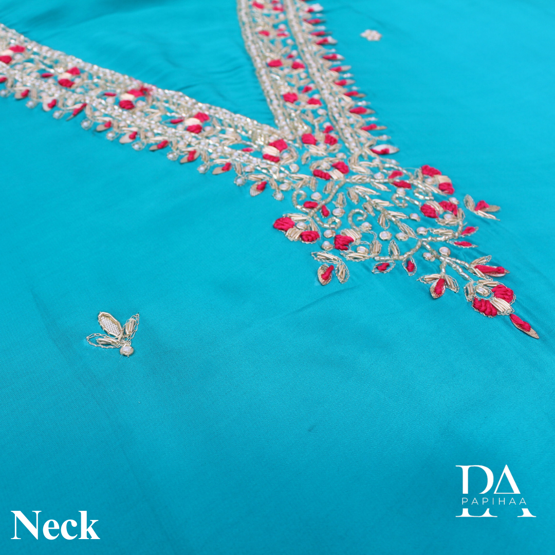 Beadwork V neck Turquoise Coloured Crepe Unstitched