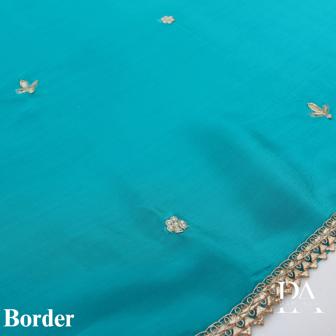 Beadwork V neck Turquoise Coloured Crepe Unstitched