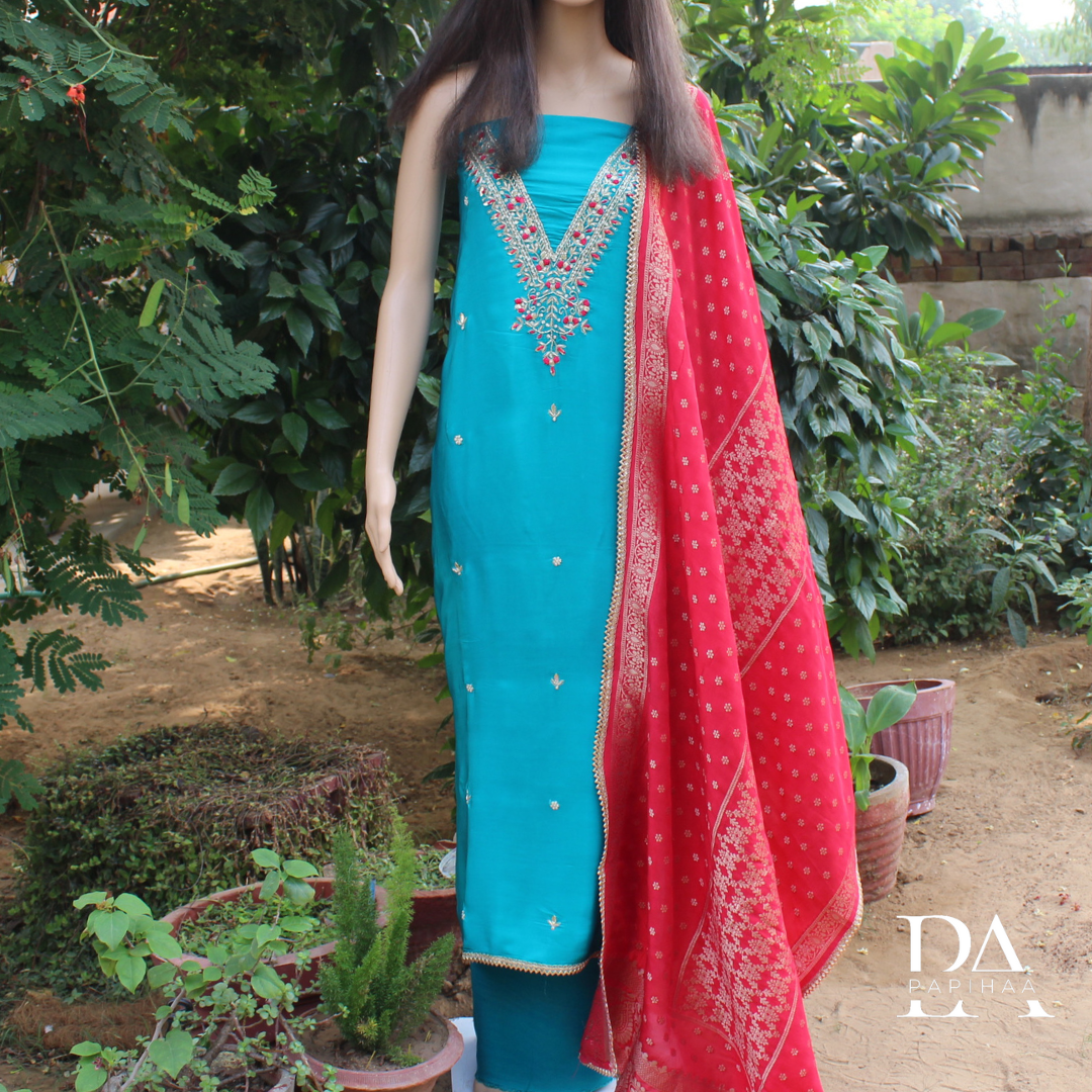 Beadwork V neck Turquoise Coloured Crepe Unstitched