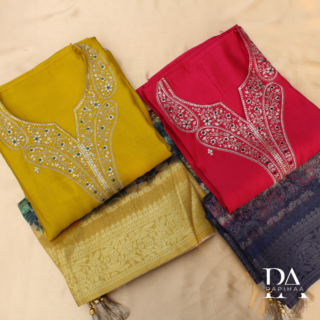 Roman Silk Neck Embroidered Semi-stitched Set
