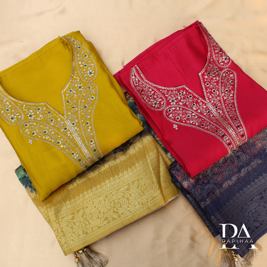 Roman Silk Neck Embroidered Semi-stitched Set