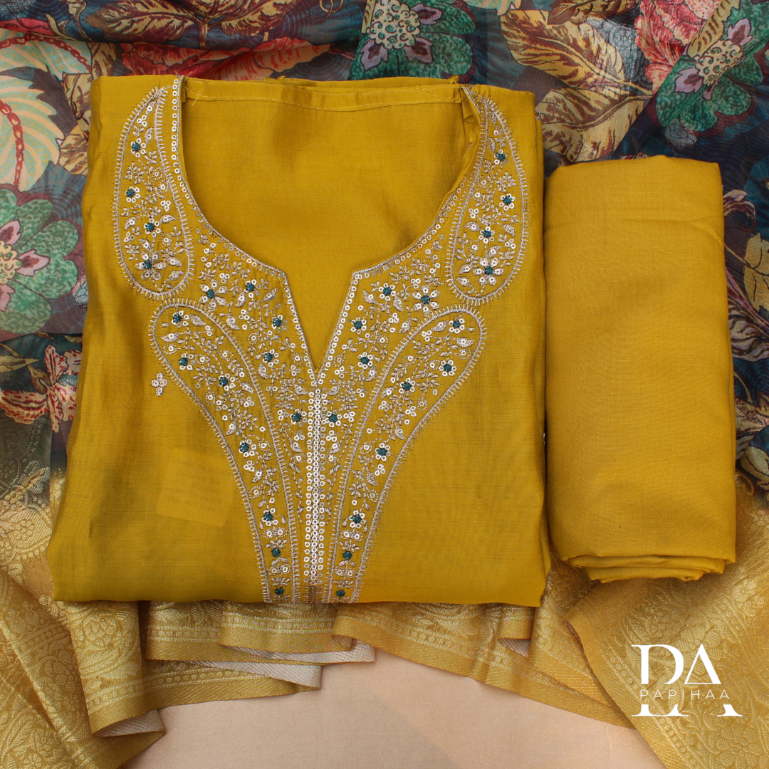 Roman Silk Neck Embroidered Semi-stitched Set