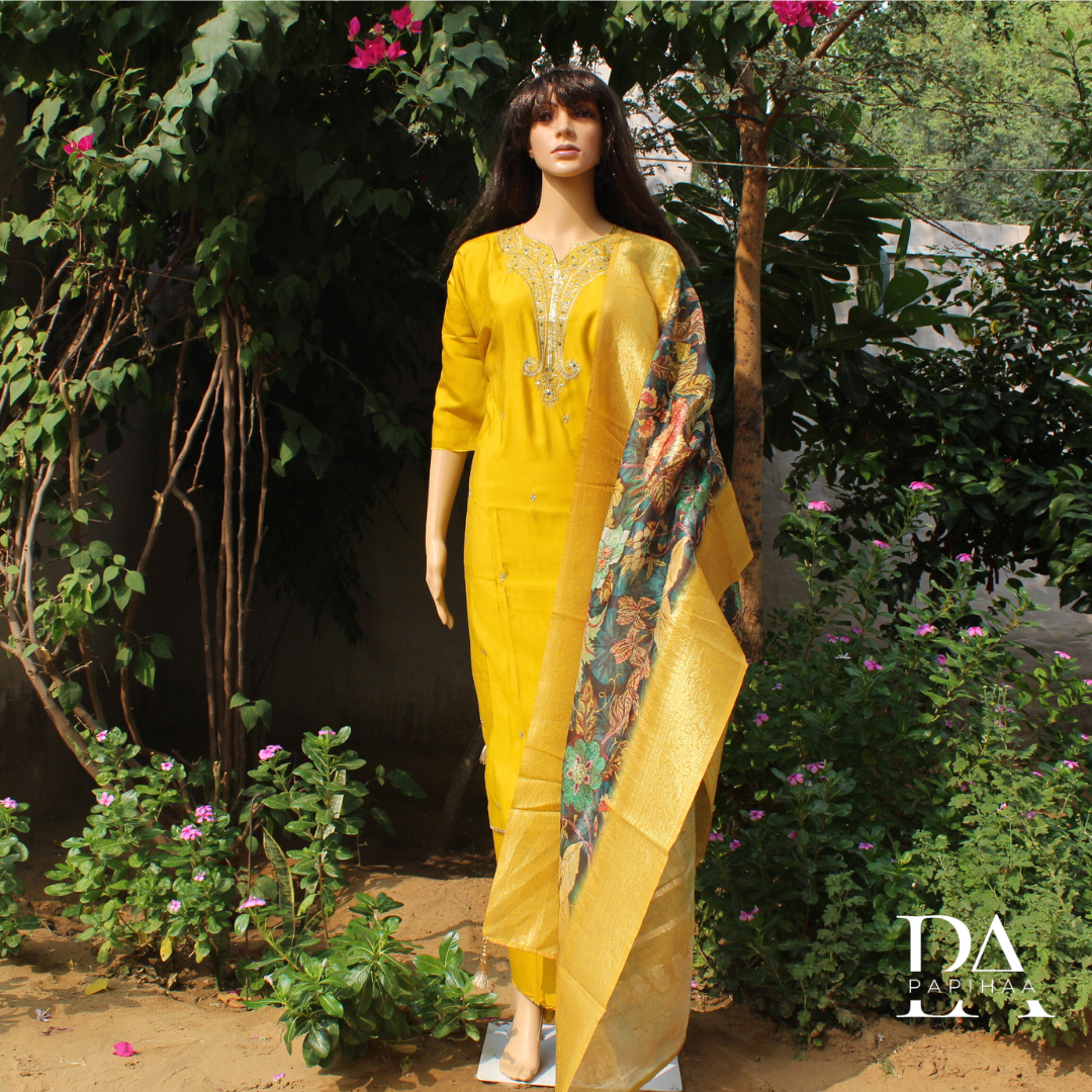 Roman Silk Neck Embroidered Semi-stitched Set
