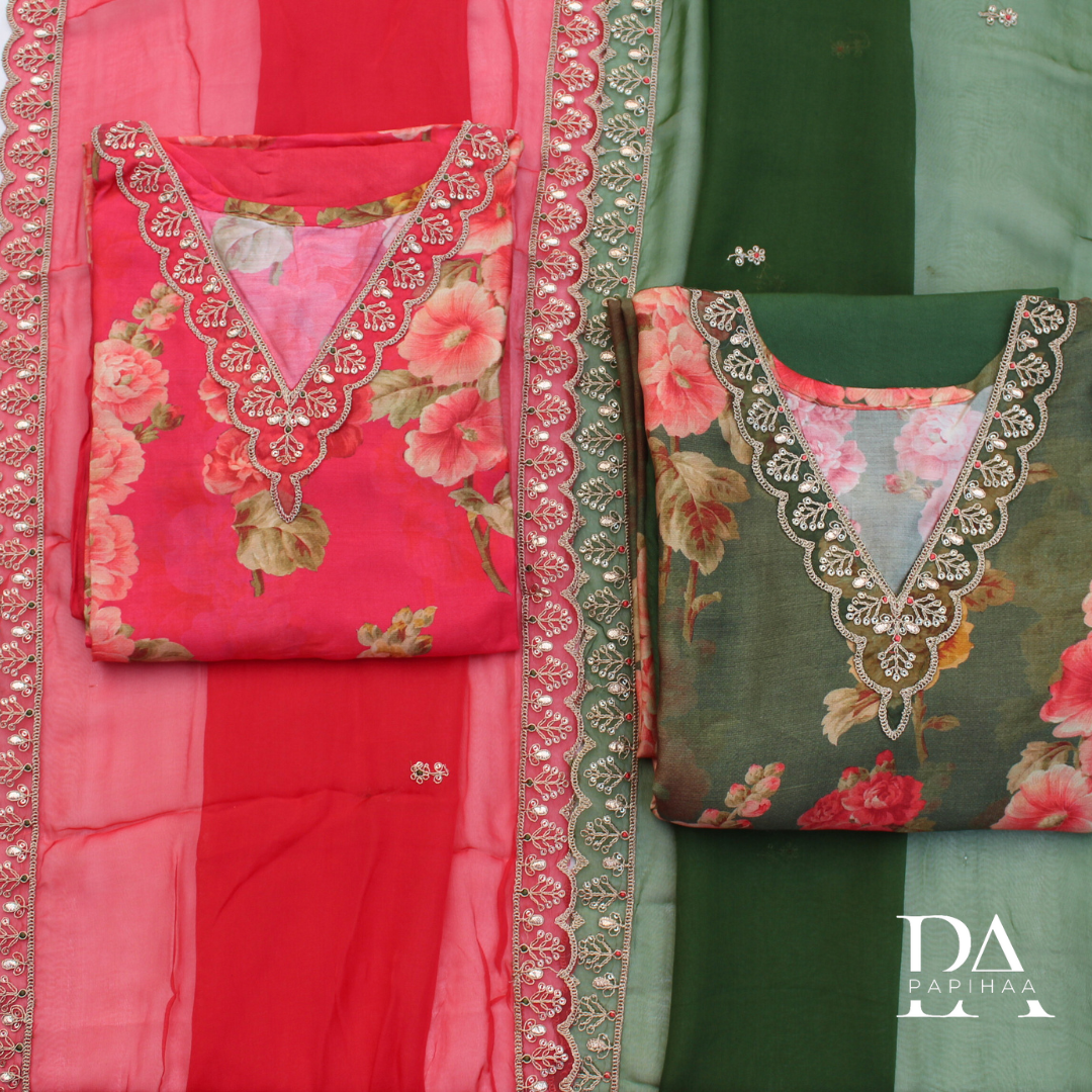V Neck Bold Floral, Muslin Semi-stitched Set