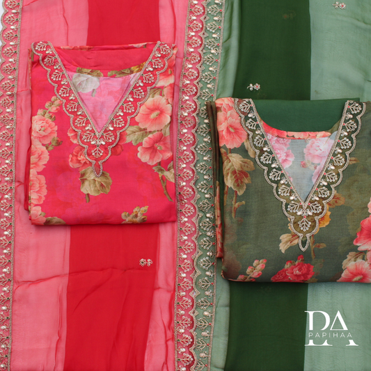 V Neck Bold Floral, Muslin Semi-stitched Set