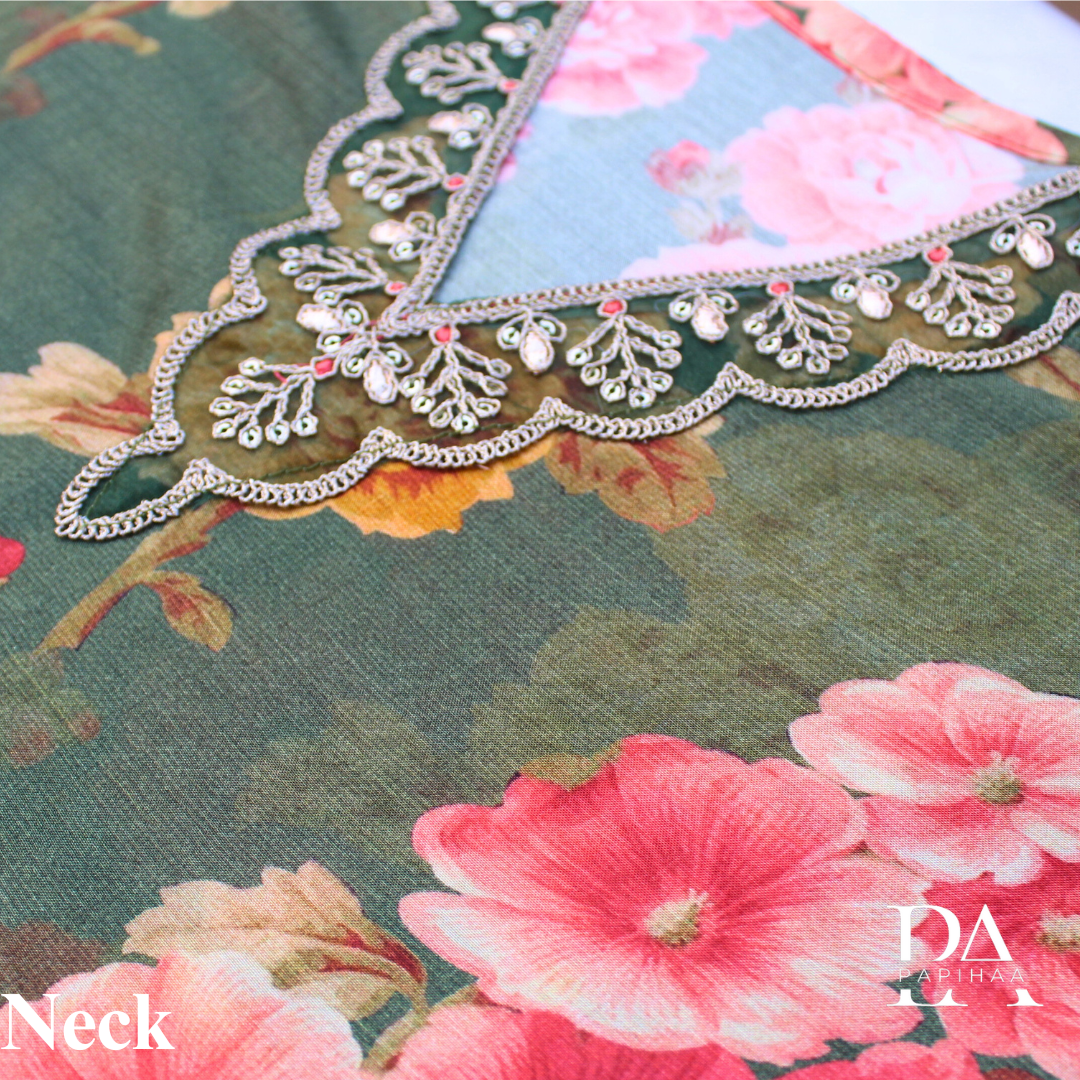 V Neck Bold Floral, Muslin Semi-stitched Set