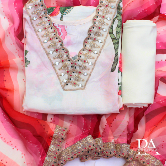 Embroidered and mirrorwork V Neck Floral Semi Stitched Set