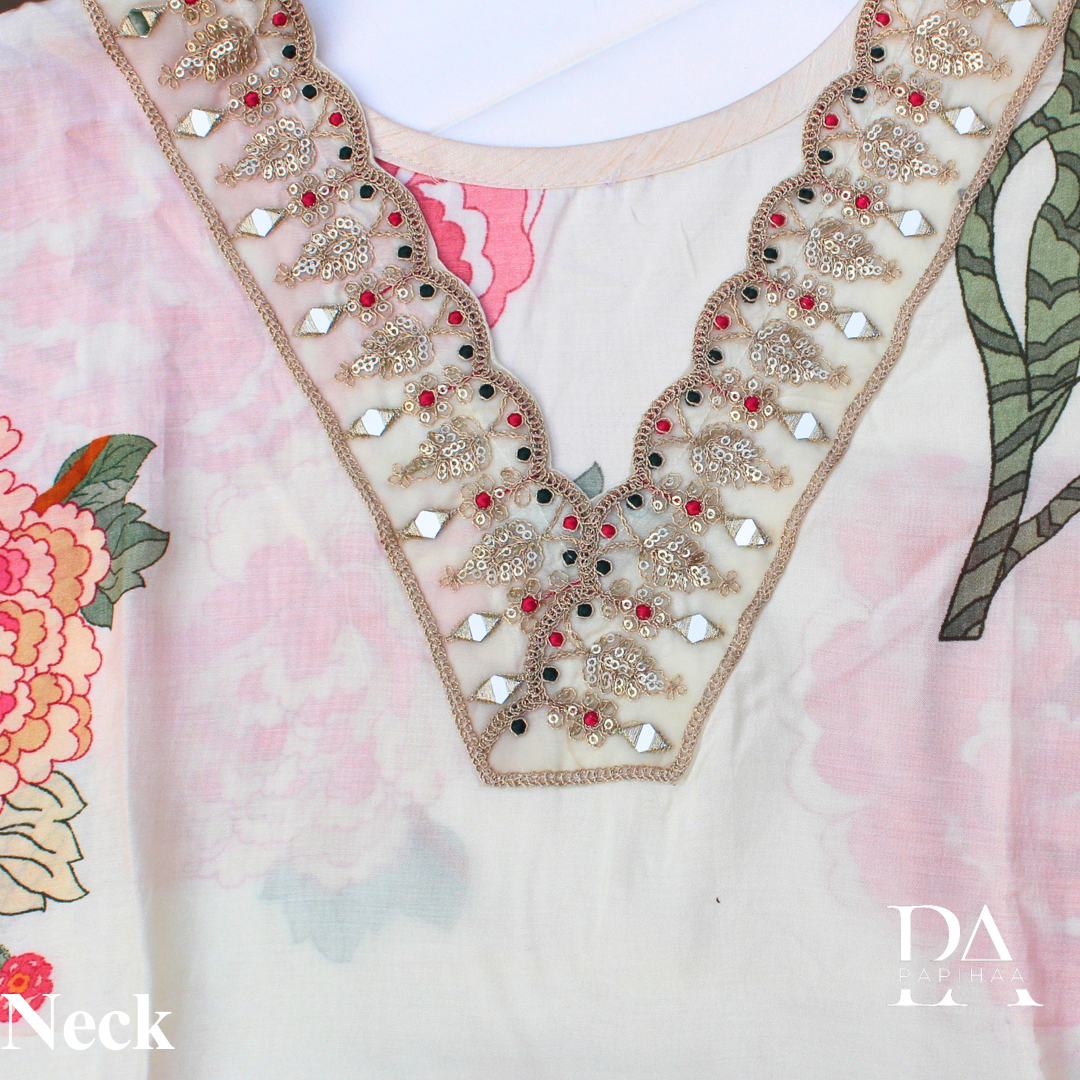 Embroidered and mirrorwork V Neck Floral Semi Stitched Set