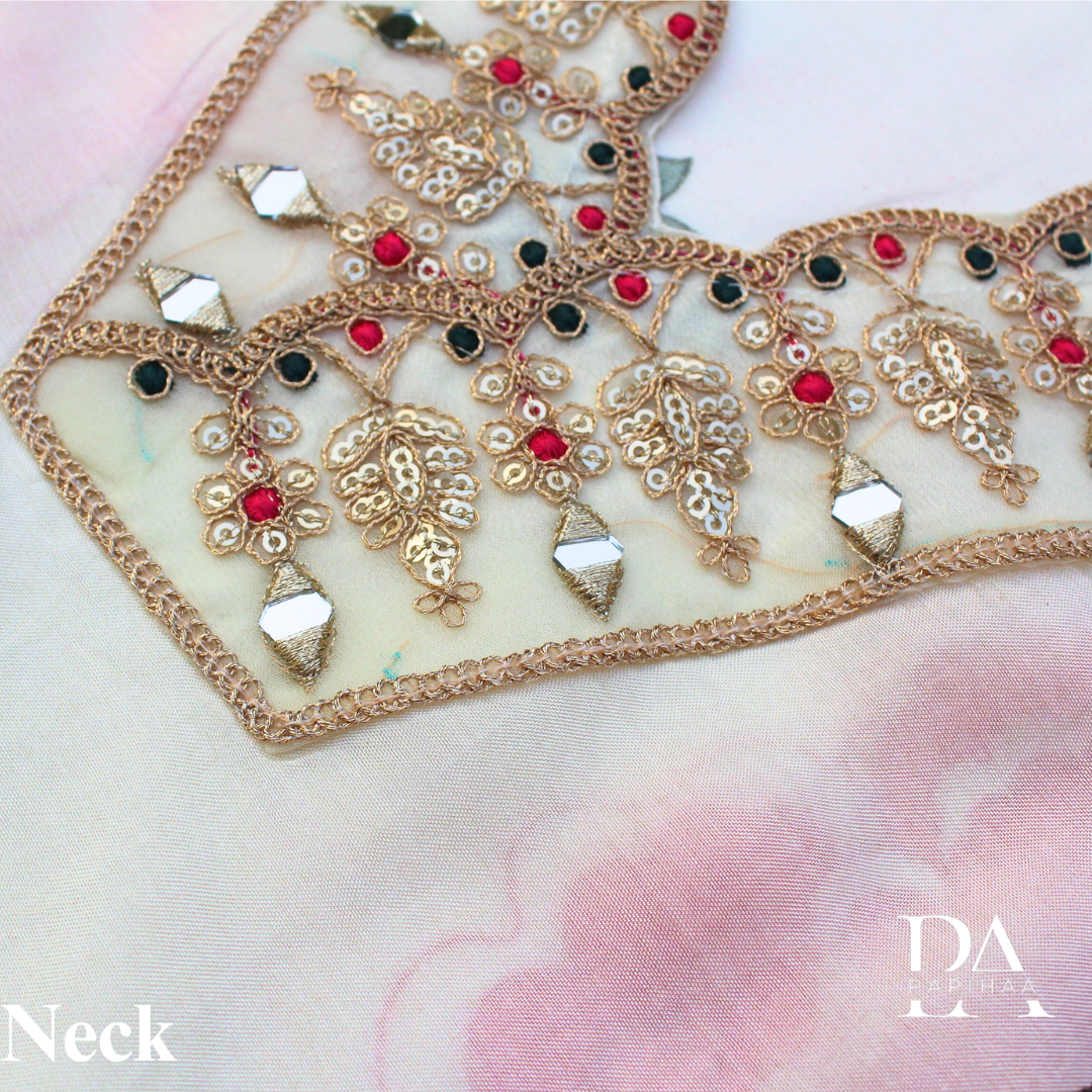 Embroidered and mirrorwork V Neck Floral Semi Stitched Set