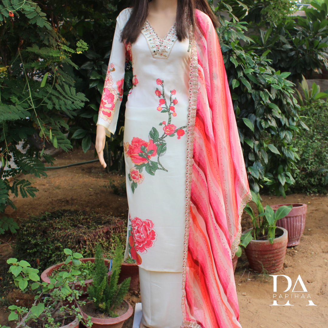 Embroidered and mirrorwork V Neck Floral Semi Stitched Set