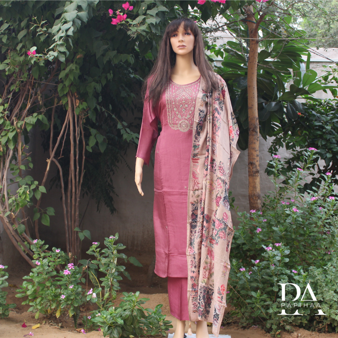 Jashn Mauve Colored Roman Silk Semistitched Set