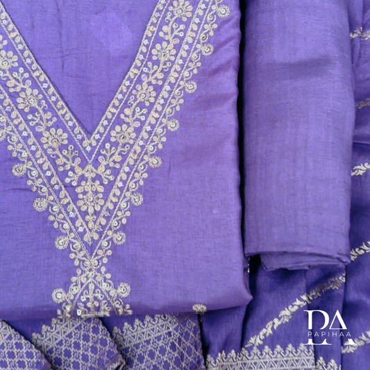 V-neck Purple Colored Roman Silk Semi-stitched Set
