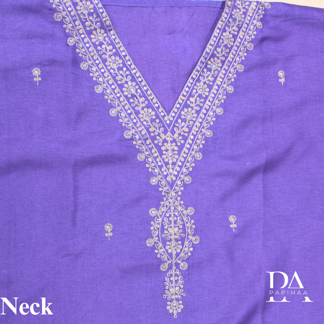 V-neck Purple Colored Roman Silk Semi-stitched Set